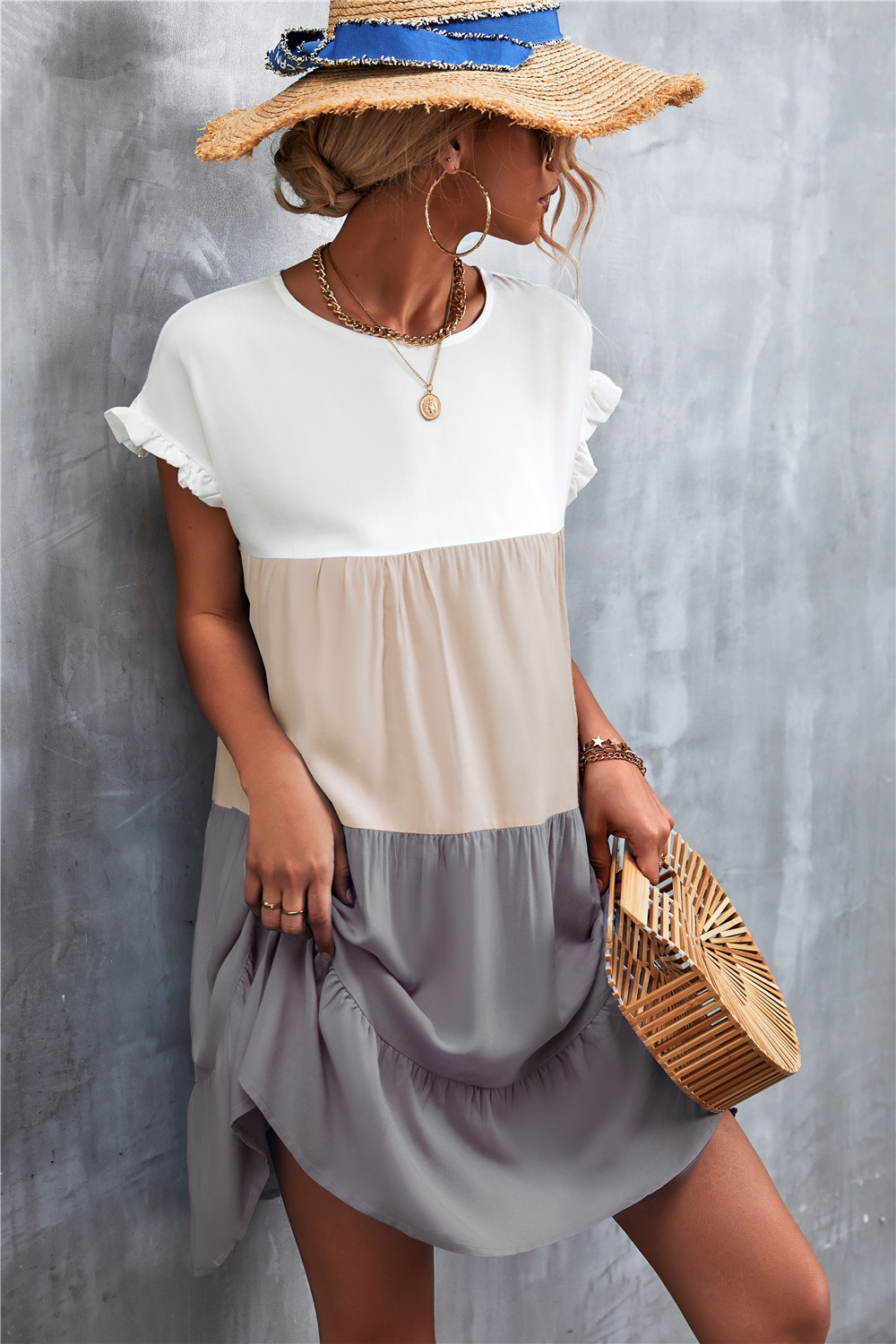 Women's Tiered Skirt Fashion Round Neck Patchwork Ruffles Short Sleeve Color Block Above Knee Daily display picture 21