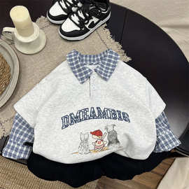 超韩系~儿童春季格子拼接翻领假两件卫衣男童polo衫春款上衣宝宝