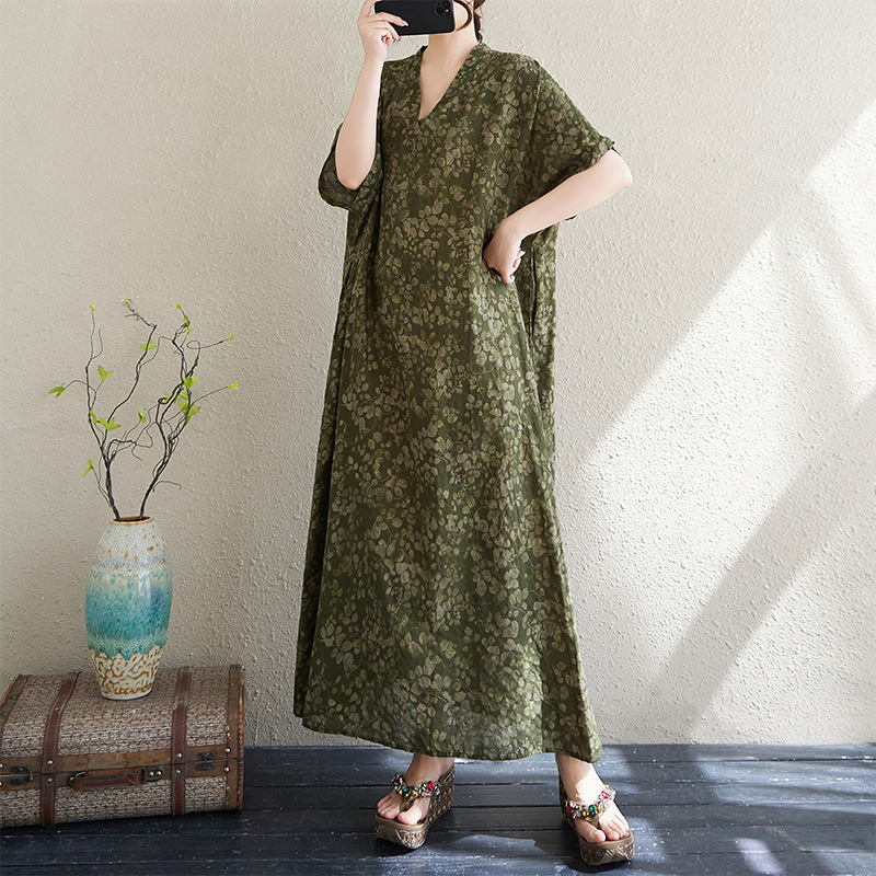 Real Shot of Summer V-Neck Thin Cotton and Linen Large Size Loose Artistic Holiday Style Beach Skirt Retro Flesh-Covering Long Robe