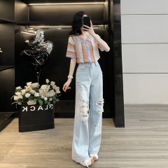 巨好看夏装一整套绝美彩色勾花上衣破洞牛仔裤时尚两件套2025超火