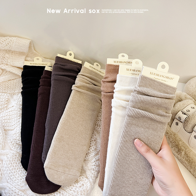 Invierno de mujer de cordilla calcetín de pila de invierno de doble aguja de color sólido rectas rayas delgadas de color café de peluche suelta
