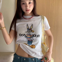 Z6681甜美街头小个子复古可爱兔子印花网红修身棉微弹T恤女短袖夏