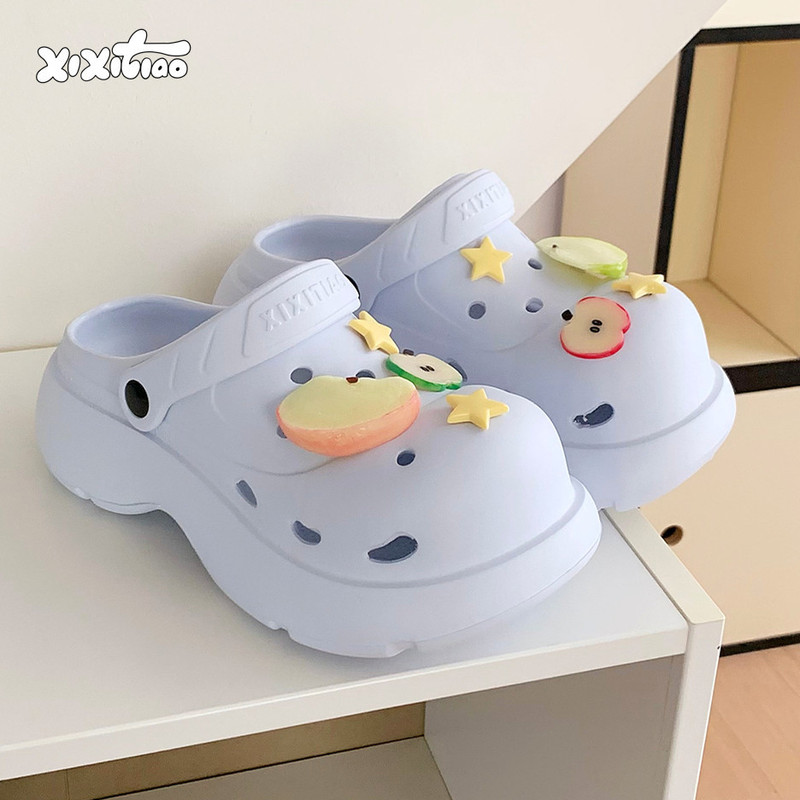 Thin Strap Outdoor Clogs for Women, Eva Thick-Soled, Girly Creative Design, Realistic Apple Slice, Summer Beach Sandals