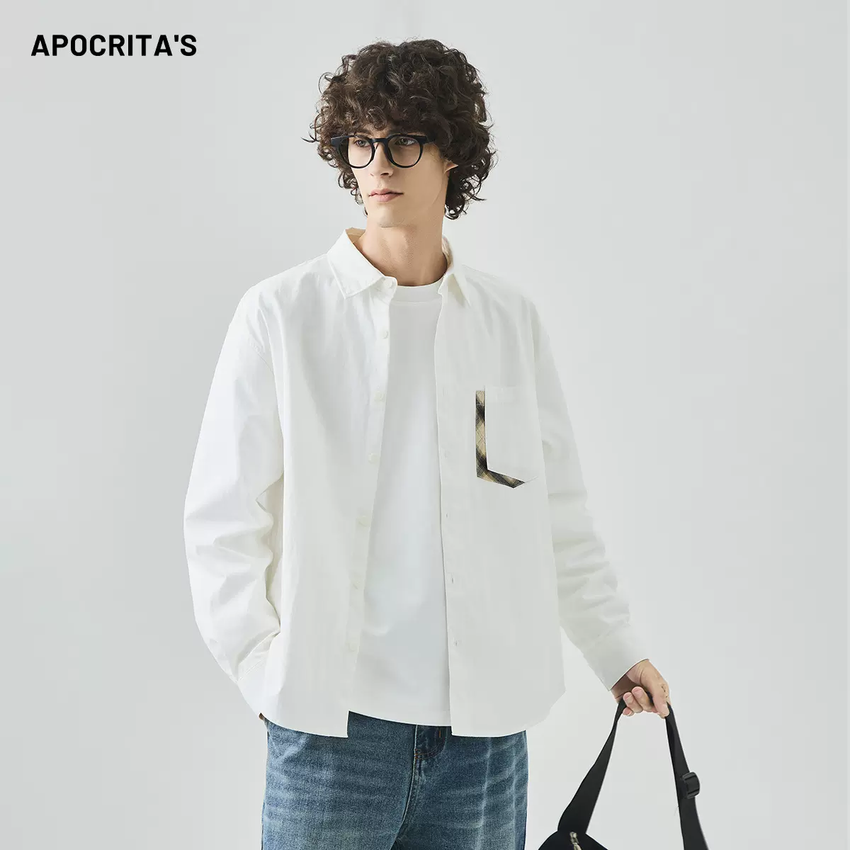 APO男装|跨境男士衬衫春秋季高级感潮牌撞色拼接宽松休闲衬衣上衣