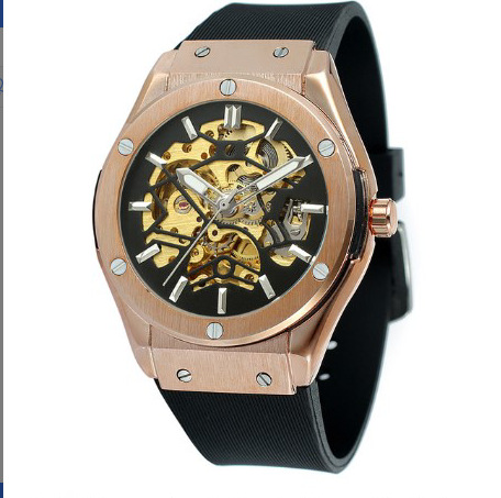 Forsining europea y americana cinta hombres reloj mecánico moda casual hueco-hacia fuera transparente completo automático reloj mecánico