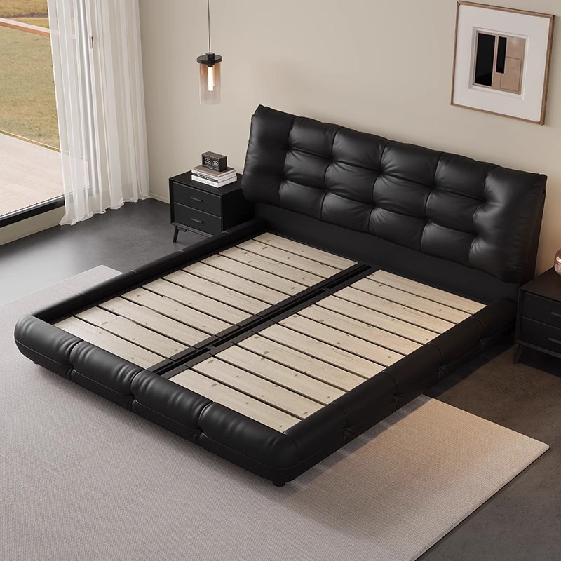 Cama de cuero de buey negro minimalista italiana, cama principal, cama queen, atmósfera de alta gama, cama de boda de envoltura suave, cama de boda doble, cama queen image 5
