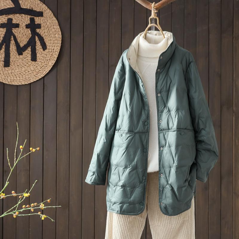 Cross-border Fall/Winter Double-sided Down Jacket Women's Middle-length White Duck Down 100.00kg Mother Plus Size chubby girl Jacket Tide