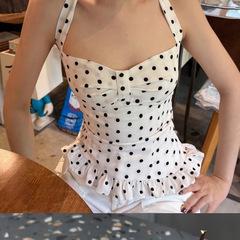 欧美外贸女法式波点印花胸型褶皱挂脖绑带背心纯欲公主风收腰上衣
