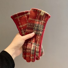 复古经典毛呢格子手套女秋冬季保暖加绒时尚百搭纹五指款防寒手套