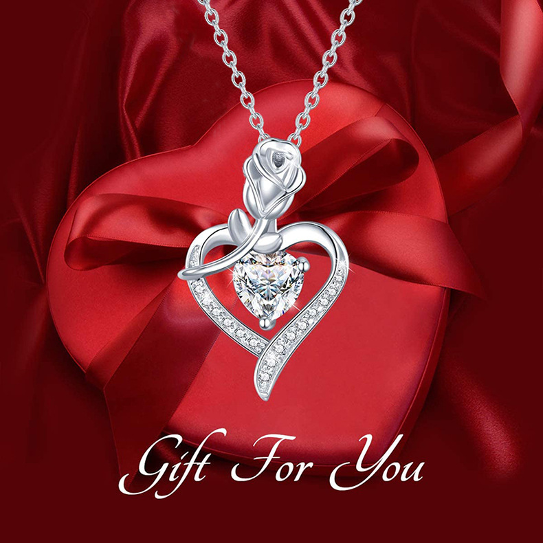 Heart Shape, Rose Pattern Women's Gender 925 Sterling Silver Cable Chain Plating Heart Shape Rose Pendant Necklace