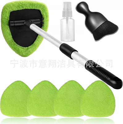 Window Brush Microfiber Car Wash — Car cleaning tools - pentagonal-telescopic-pole-5-green-cloth-covers-1-spray-bottle-1-cleaning-brush