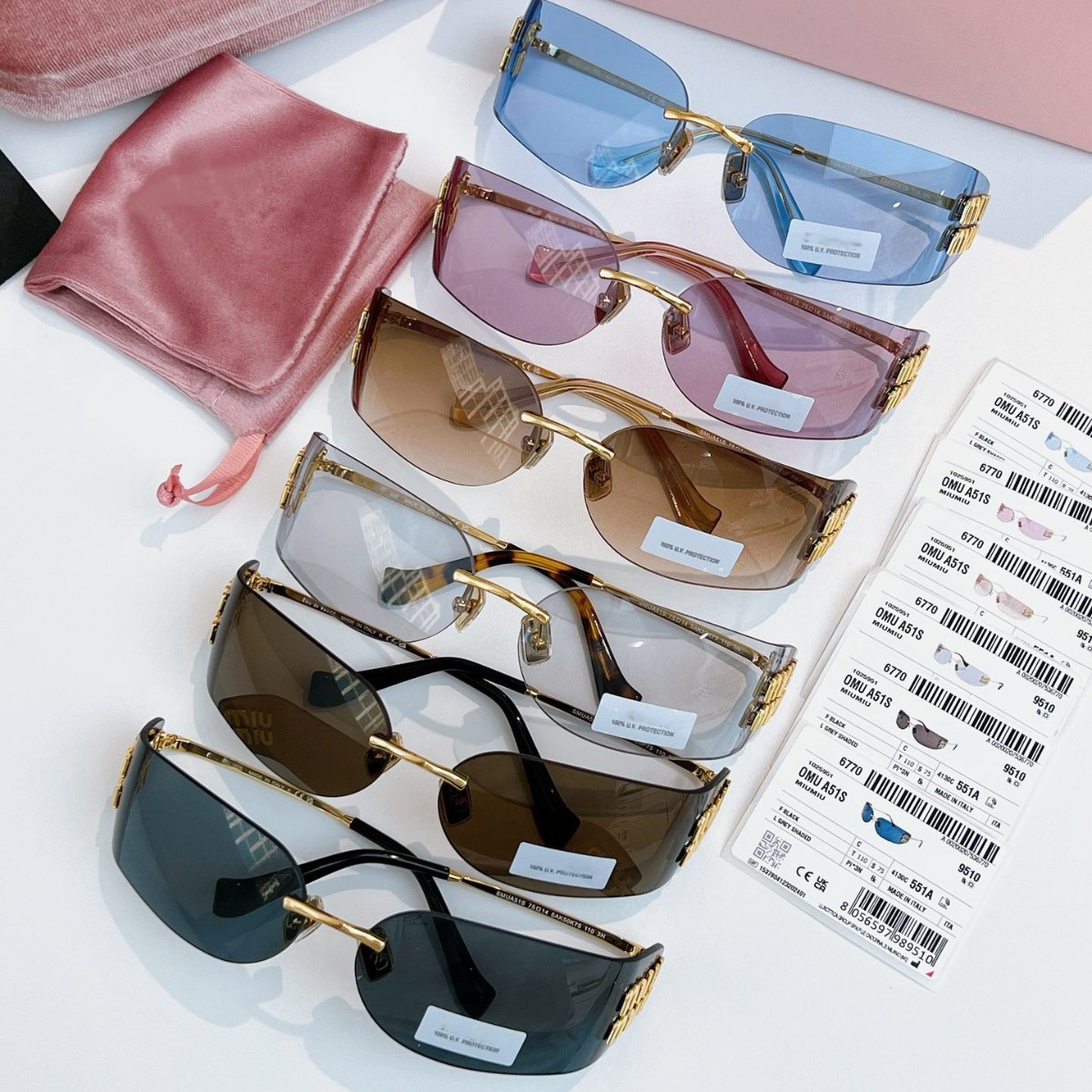 Miu New Model A51S Sunglasses for Women, Pilot-Style Frameless Narrow Version with Integrated Curved Lenses, Uv Protection