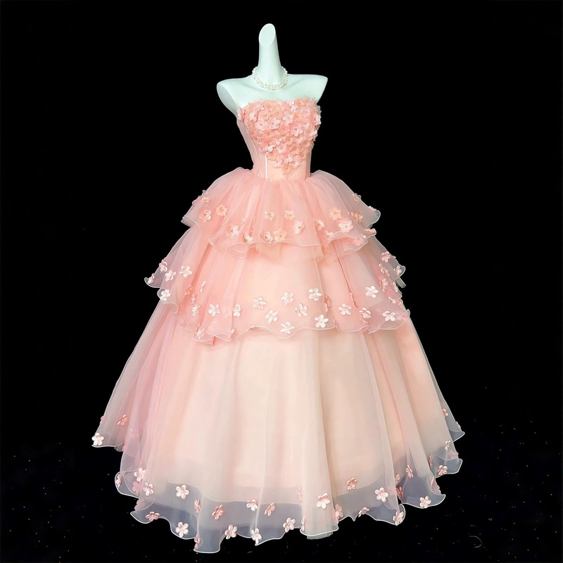 Pink strapless wedding dress 2026 new model, stunning floral puffy princess dress for birthday party and student art exam Pink strapless wedding dress 2026 new model, stunning floral puffy princess dress for birthday party and student art exam