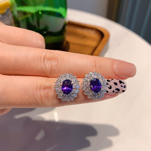 Zhao Sheng Sheng Jewelry European and American Fashion Jewelry Set Purple Orchid Zircon Pendant Ring 10*14 Earrings 6*8 Three-Piece Set