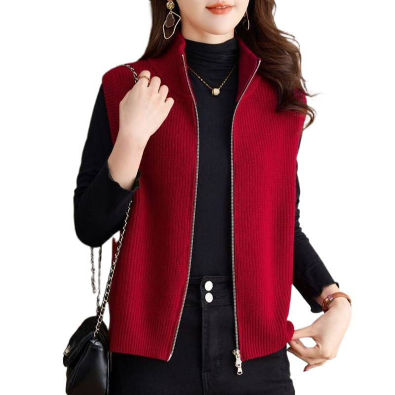 Collar vertical chaleco de punto de mujer otoño invierno 2025 nuevo chaleco de doble cremallera con la solapa suéter cardigan chaqueta de moda