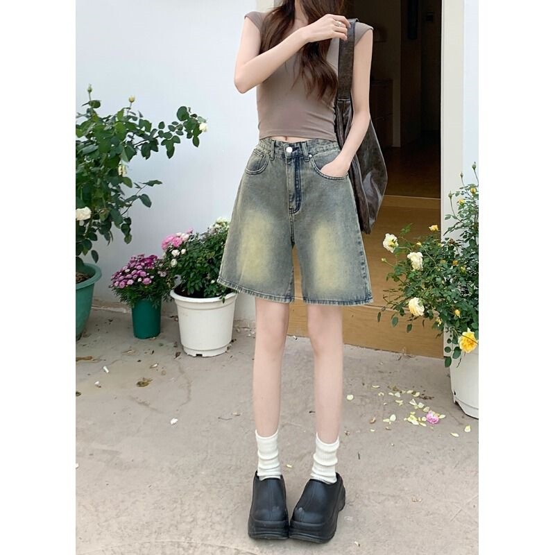 Women's Denim Shorts Summer Vintage Style Hong Kong Style New Loose Straight Pants Mid-Season Washed Retro Five-Point Shorts 2025