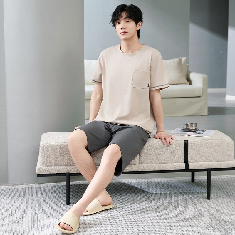 Pijamas de hombre verano algodón de manga corta cuello redondo suelto talla grande marco de tracción de verano algodón fresco traje de servicio a domicilio para niños