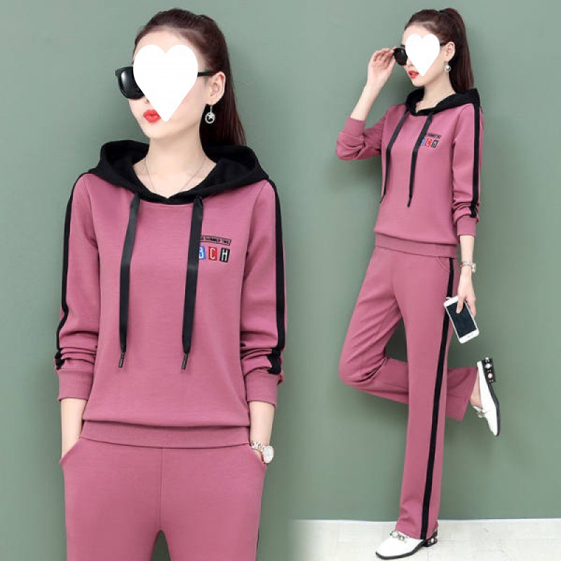 Casual Sports Suit for Women 2025 Spring and Autum New Fashion Korean Style Slim Large Size Hooded Sweatshirt Two-Piece Set