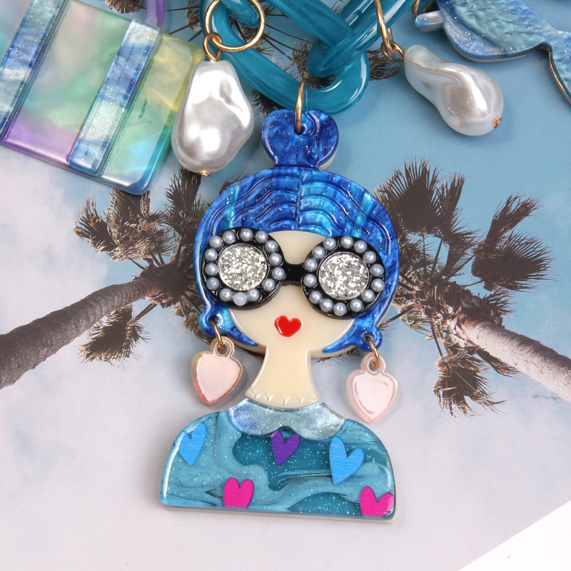 欧美跨境时尚个性小配件夸张长款项链女复古拼色亚克力美人头项链详情6