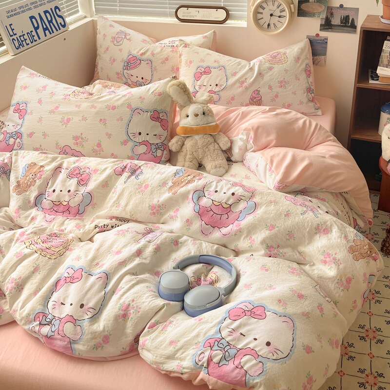 New Lolita Style Fresh and Simple All-Cotton Four-Piece Bedding Set, Ins Cartoon Pure Cotton Bed Sheet and Duvet Cover, Dormitory Three-Piece Set New Lolita Style Fresh and Simple All-Cotton Four-Piece Bedding Set, Ins Cartoon Pure Cotton Bed Sheet and Duvet Cover, Dormitory Three-Piece Set