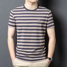 新款夏季男士短袖t恤时尚条纹休闲圆领百搭桑蚕丝短袖体恤上衣潮