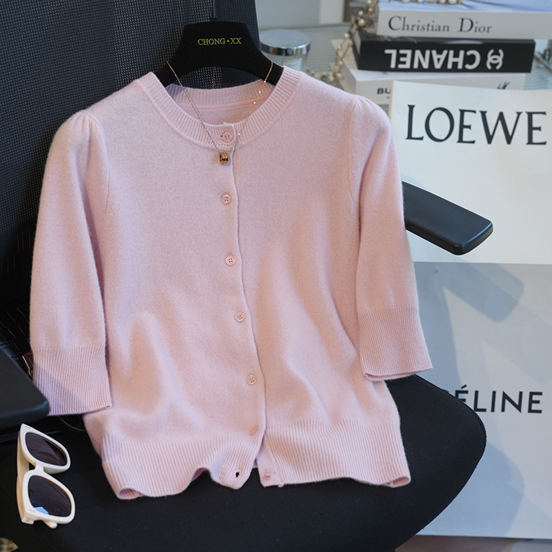 Big Sale French Wool Three-Quarter Sleeve Knitted Cardigan for Women Pure Color Thin Round Neck Short-Sleeved Sweater Autumn 001