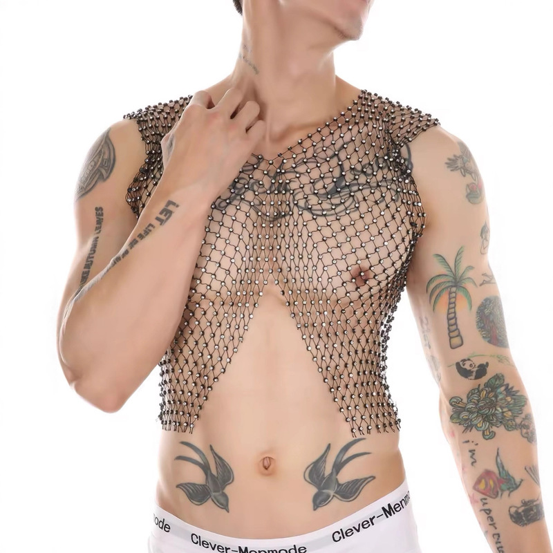 L7763Y Cross-Border Amazon Men's Fishnet Vest Black Mesh Rhinestone Shiny Festival Vest Real Shot