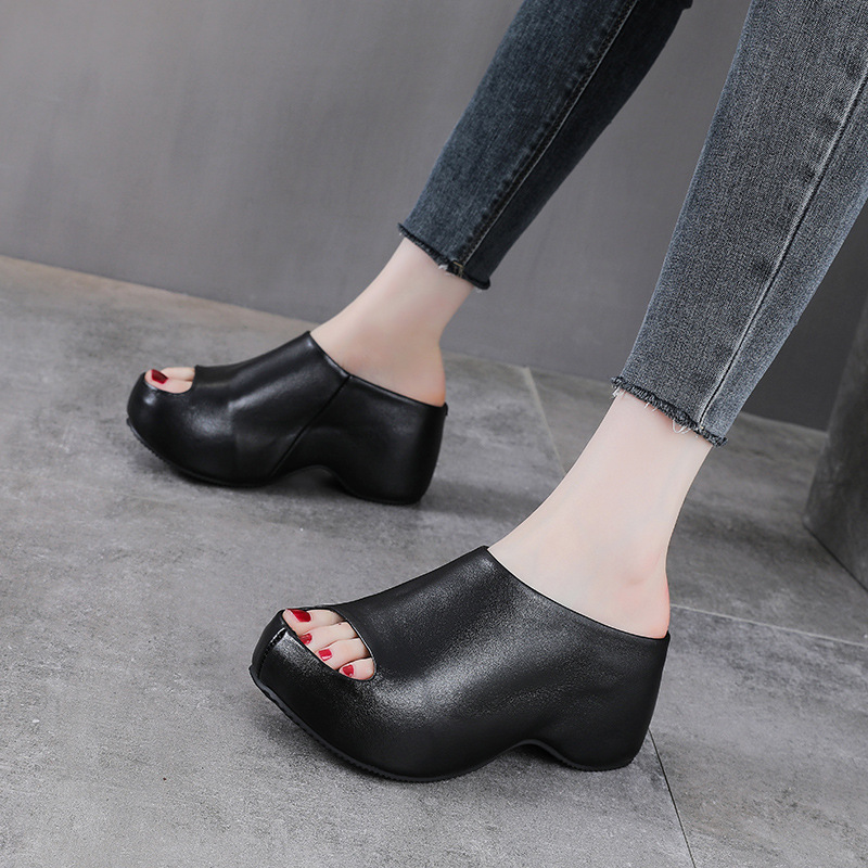 Dép sandal nữ quai chữ V đế xuồng cao gót 8 cm da bò thật — màu đen