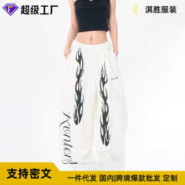 美式街头火焰图案字母印花阔腿裤秋冬季宽松直筒休闲时尚弯刀长裤