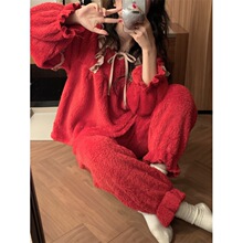 韩国ins女士外贸新款冬季韩版珊瑚绒加绒加厚可爱红色家居服套装