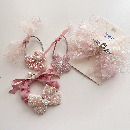 New pink princess style pearl mesh crown love flower bow children's baby girl hair accessories headdress