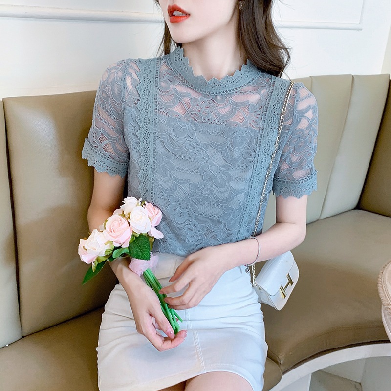 2024 Summer New Fashion Elegant Solid Color Lace Casual Shirt Women's Stylish Short-sleeved Lace Shirt Top