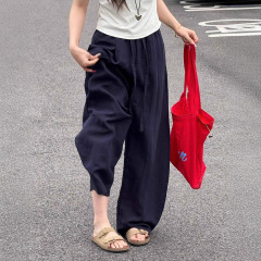 藏青色弯刀裤女夏季薄款2025新款高腰垂感宽松休闲天丝亚麻阔腿裤