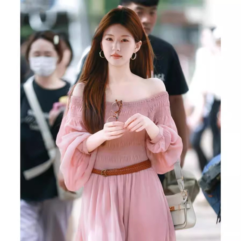 Zhao Lusi Same Style Dress for Women 2026 Spring French Off-Shoulder High-End Puff Sleeve Celebrity Pink Long Dress