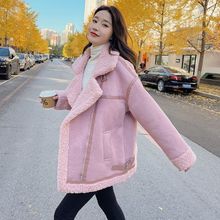 粉色羊羔毛加厚外套女秋冬新款小个子加绒设计感皮毛一体机车棉衣