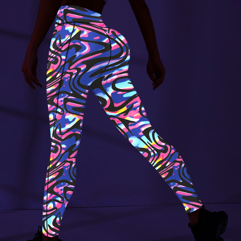 High-Waisted Elastic Fitness Pants for Women, Sports Fitness Wear, Dance Tight-Fitting Printed Leggings with Glow-In-The-Dark Effect, Butt-Lifting Yoga Pants