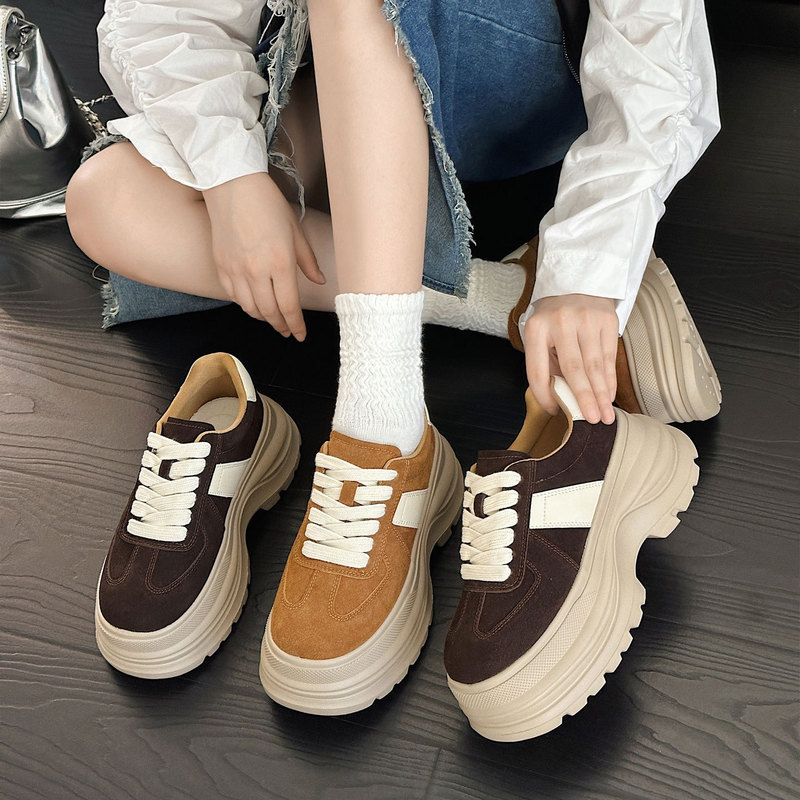 European Matte Leather Thick-Soled Platform Shoes for Women 2025 Autumn New Versatile Fashion Casual Height-Increasing Sneakers Trendy