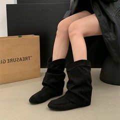 内增高绒面裤管靴套筒堆堆靴女2025秋冬新款时装靴韩系勃肯短靴女