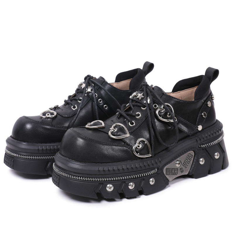 Original Rock Hot Girl Thick-soled Height-increasing Small Leather Shoes Heavy Metal Functional Lace-up Deep Mouth Single-layer Shoes 2024 New