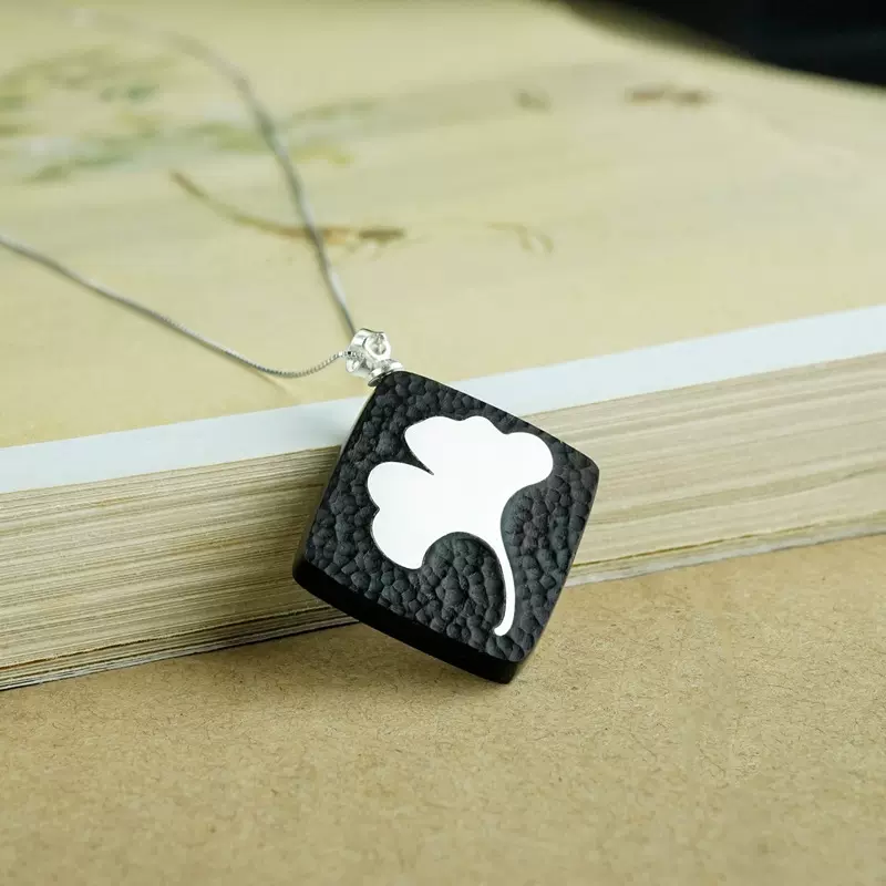 小叶紫檀木镶银三生有杏吊坠黑檀项链银杏挂链紫光檀三生有幸