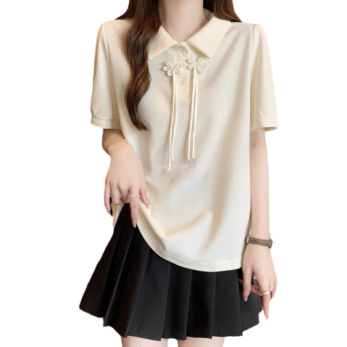 Ropa de mujer de talla grande Fat mm Nuevo estilo chino Colgante con cuello de polo Camiseta de manga corta suelta y delgada que cubre la carne image 6