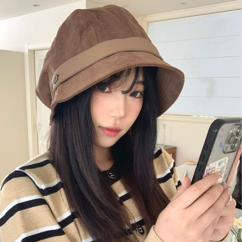 早秋复古棕色灯芯绒渔夫帽女百搭显脸小素颜遮脸盆帽美拉德风帽子|undefined