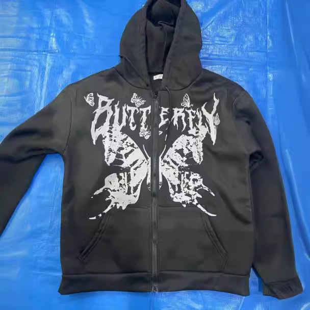 Men's Clothing Trendy Personality Butterfly Print Sweatshirt Men's High Street Fashion Brand Loose Casual Couple Hooded Cardigan_voghion.com