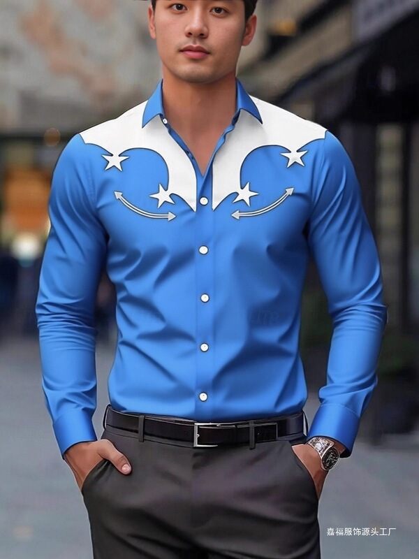 Denim Shirt Shirt Long Sleeve 3D Retro Nostalgic Men's Shirt Shirt Western Lapel Star Print Autum