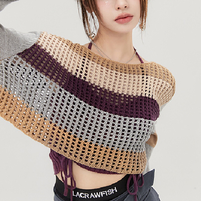 Mesh Hollow Long-Sleeved Blouse Colorfulful Stripesd Knitwear Women's Halterneck Elastic Drawstring Camisole Two-Piece Suit