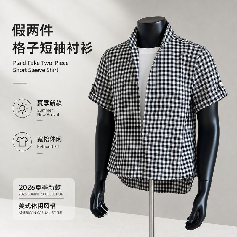 Fake Two-Piece Plaid Short-Sleeve Men's Shirt, Summer 2026 Style, Faux American Casual Design, Versatile Half-Sleeve Shirt Fake Two-Piece Plaid Short-Sleeve Men's Shirt, Summer 2026 Style, Faux American Casual Design, Versatile Half-Sleeve Shirt
