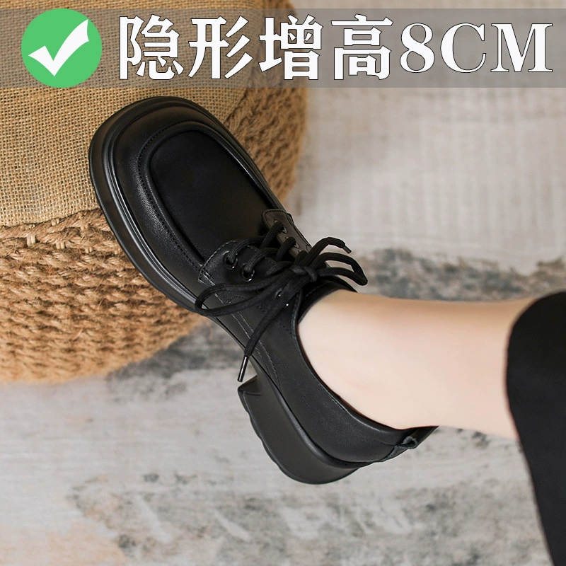 Внутренняя высота маленьких кожаных туфель на толстой подошве 2023 новые черные британские лоферы на шнуровке