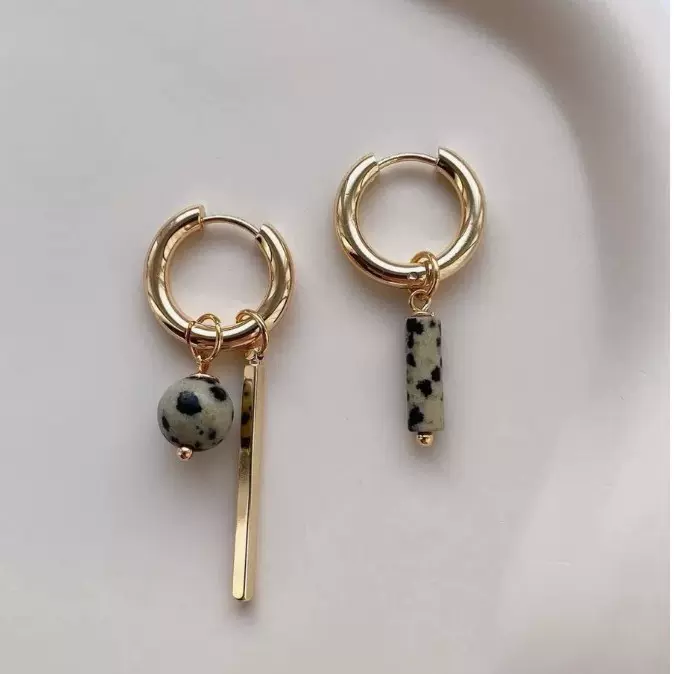 欧美跨境饰品 几何长条不对称耳环几何方形石头串珠金属耳圈