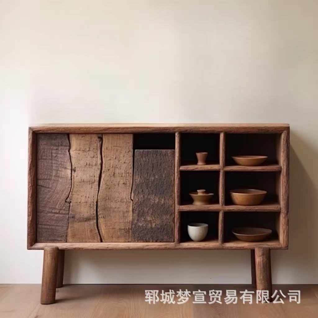 Wabi-Sabi Style Old Elm Wood Sideboard, Living Room Wall-Mounted Entryway Cabinet, Solid Wood Tea Set and Tableware Storage Cabinet, Water Boiling Cabinet, Side Cabinet