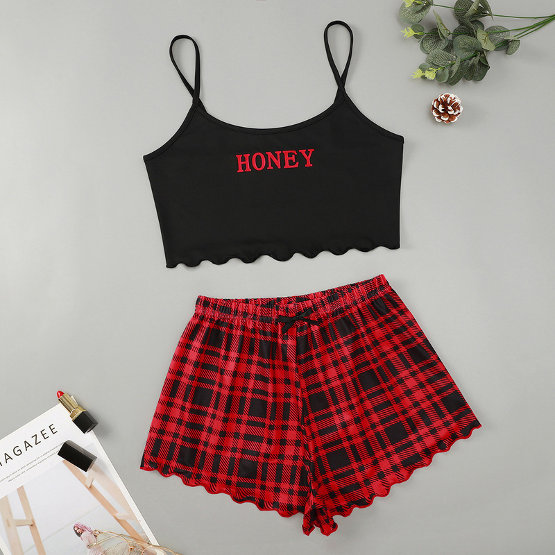 2022 European and American New Letter HONEY Printed Sling Top and Plaid Printed Shorts Home Wear Set